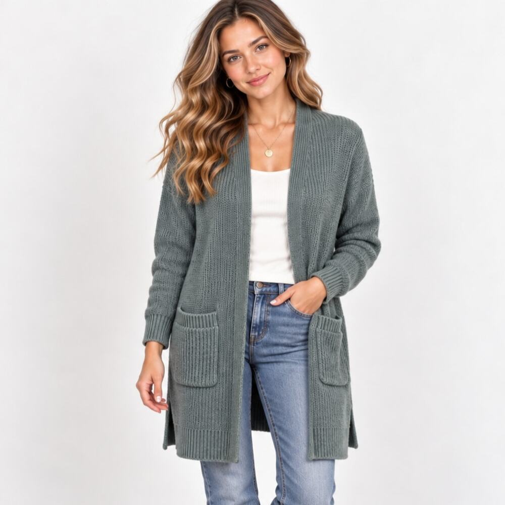 Lou & Grey Cardigan Sweater Size XS Greenish Gray Casual Pockets Chunky Rib Knit